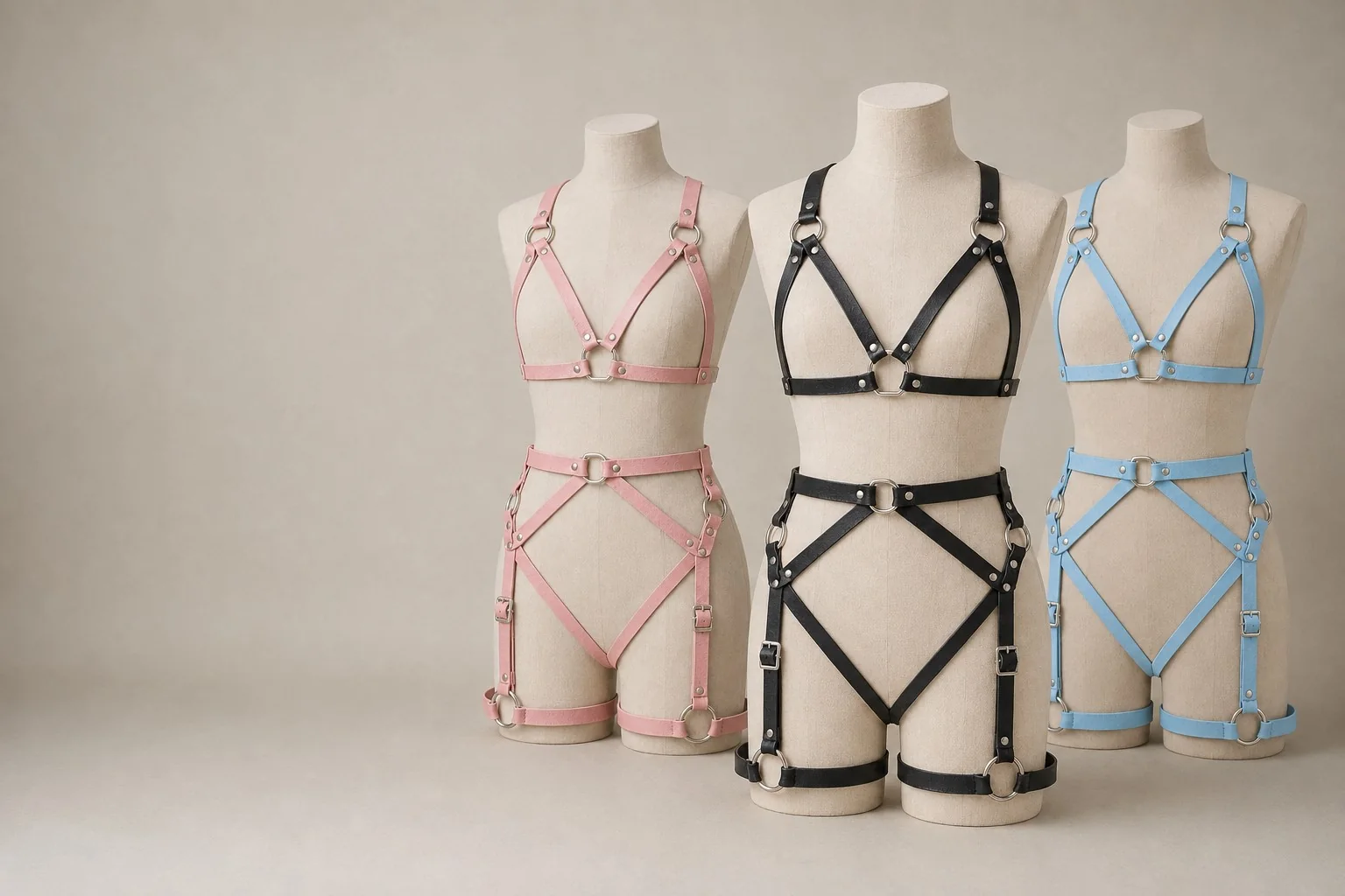 Nouä harnesses in three colourways, Powder Pink, Matte Black, Sky Blue